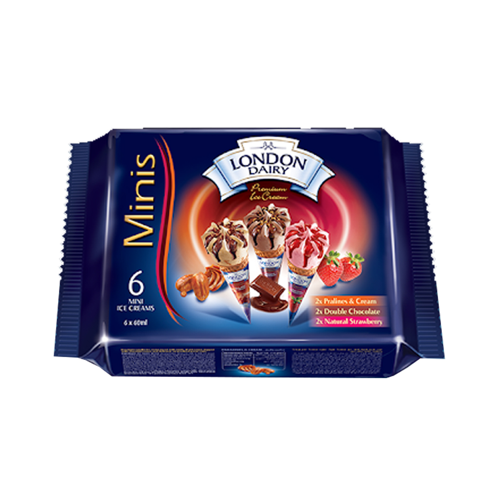 London Dairy Minis Ice Cream Stick Pralines, Double Chocolate, Strawberries 6x60ml