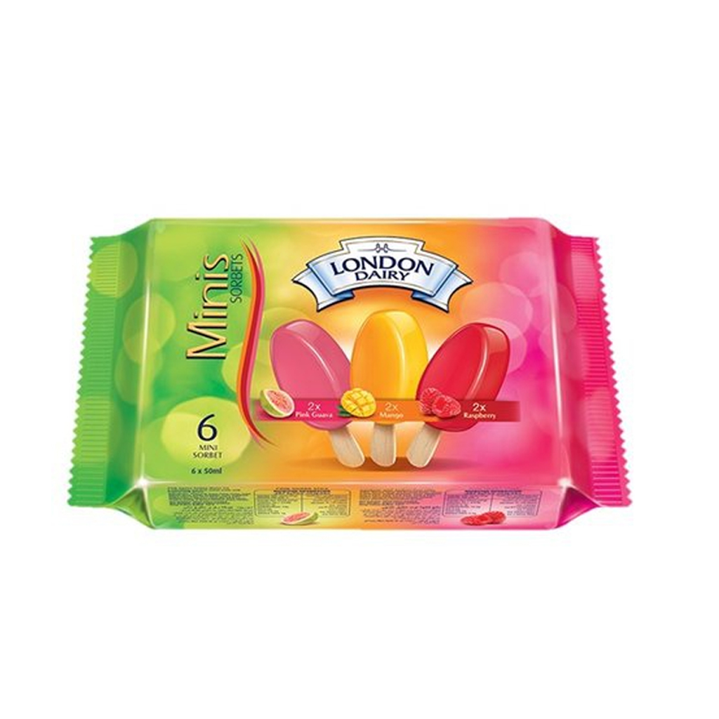 London Dairy Minis Sorbets Ice Cream Stick Pink Guava Mango Raspberry 6x50ml