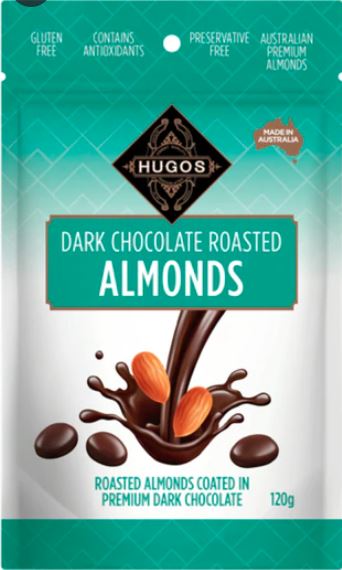 Hugos Dark Chocolate Roasted Almonds 120g