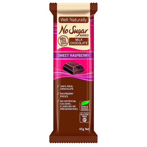 Well Naturally No Sugar Added Milk Chocolate Raspberry 45g