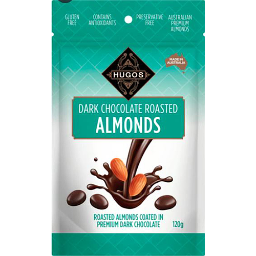 Hugos Dark Chocolate Roasted Almonds 120g